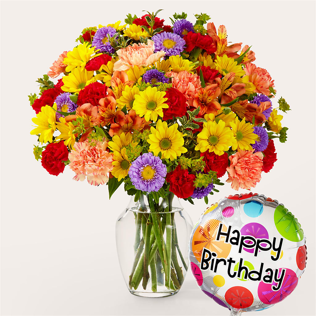 Kaleidoscope Bouquet with Birthday Balloon – Emil Yedowitz Florist Llc, Yonkers NY
