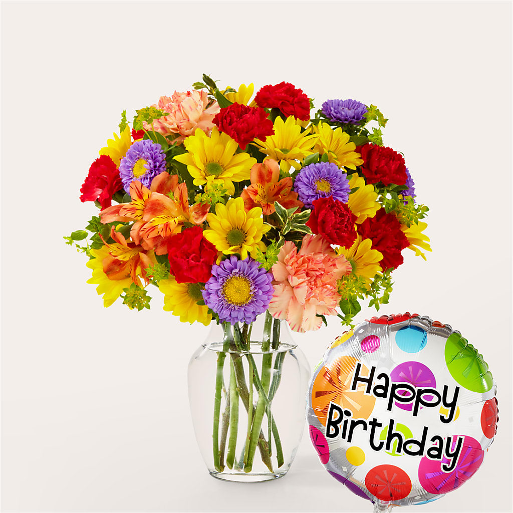 Kaleidoscope Bouquet with Birthday Balloon – Emil Yedowitz Florist Llc, Yonkers NY
